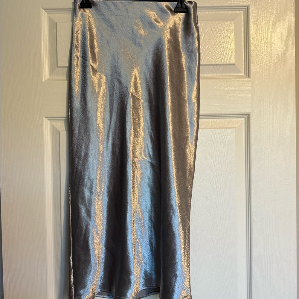 a new day Shiny Silver Midi Skirt